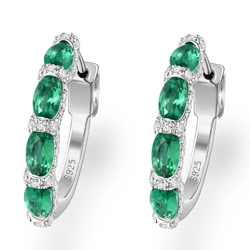 Wong Rain Luxury 925 Sterling Silver Oval Emerald Ruby Pink Sapphire Gemstone Hoop Earrings Wedding Engagement Fine Jewelry Gift