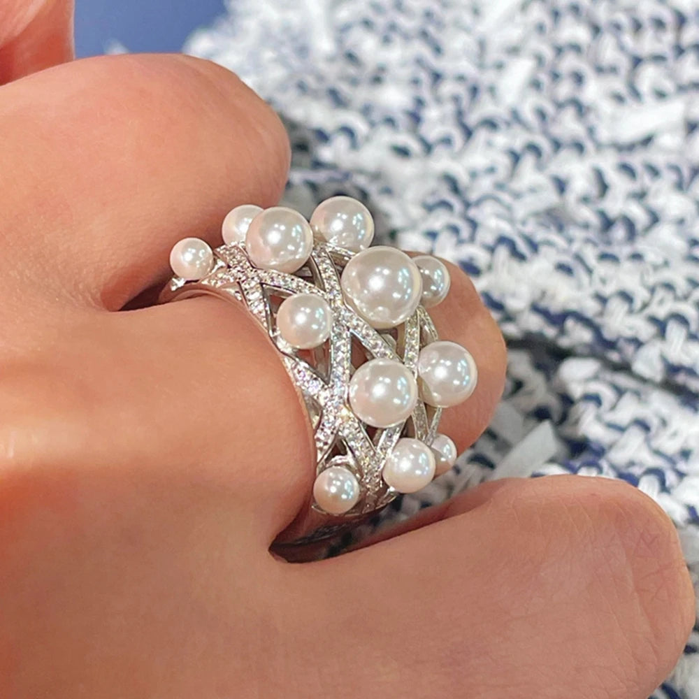 Wong Rain Sparkling 925 Sterling Silver Full Pearl High Carbon Diamond Gemstone Wedding Engagement Ring for Women Fine Jewelry
