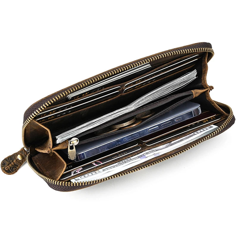 Men's crazy horse Leather long wallet Zip around genuine leather wallet Phone case purse with coin pocket 4 interlayer pocket