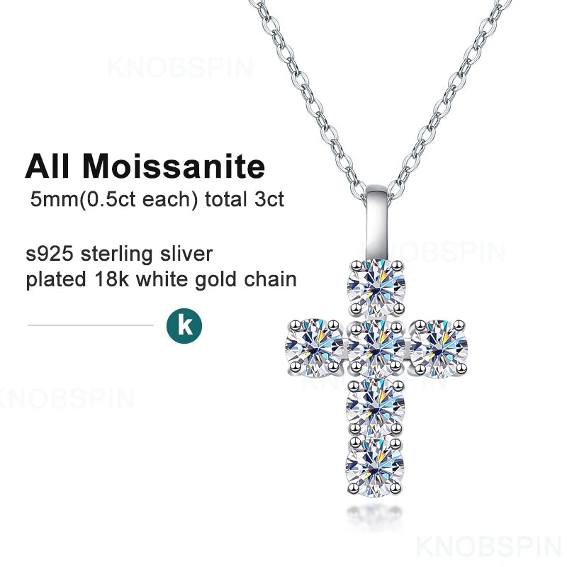 KNOBSPIN 3ct D VVS1 Moissanite Cross Pendant Necklaces for Women Man Sparking Diamond with GRA 100% 925 Sterling Silver Necklace