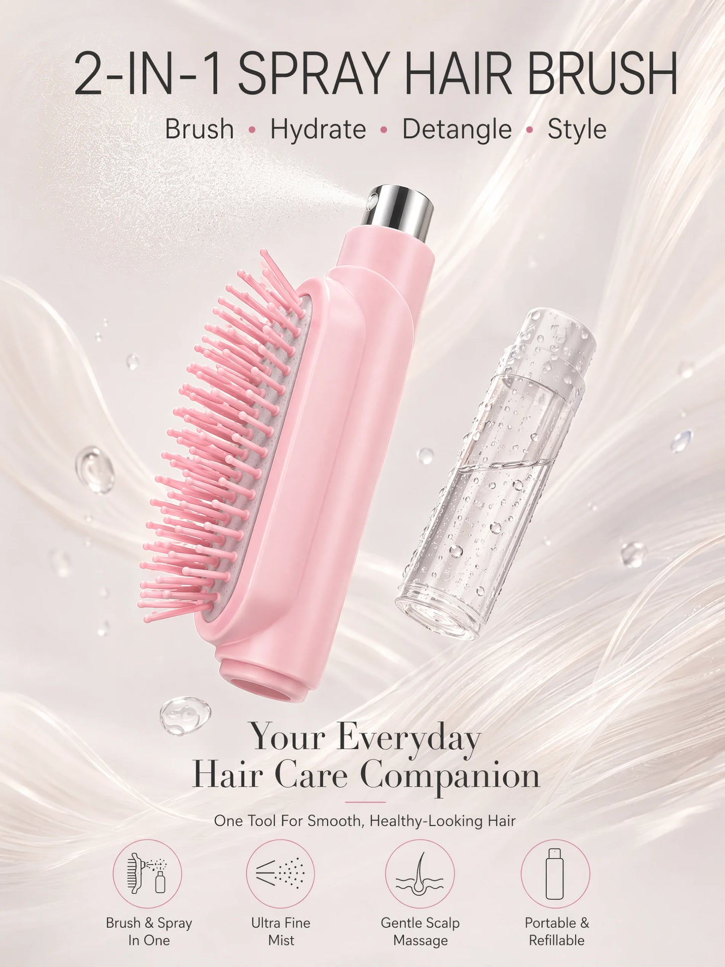 2 In 1 Spray Hair Brush Refillable Water Mist Comb Portable Detangling Scalp Massage Anti Frizz Hair Styling Travel Brush