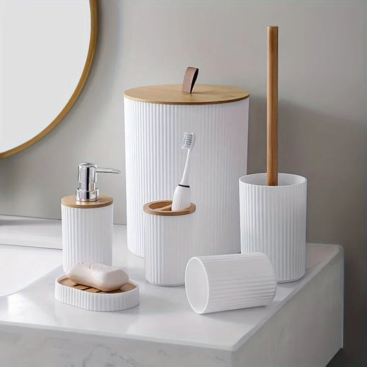 Set 6 Pieces Soap Dispenser Box Toilet Brush Lotion Bottle Trash Can Bamboo Plastic Bathroom Storage Set Toothbrush Cup Holder