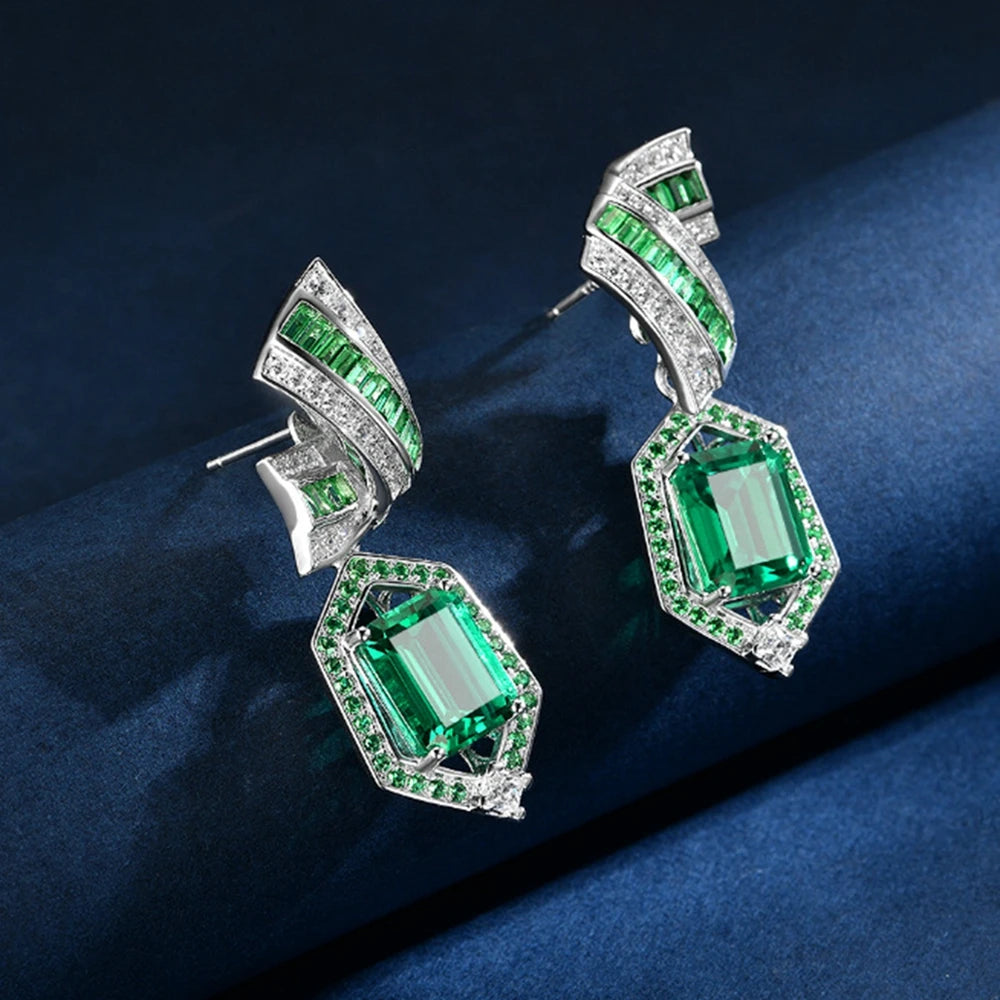 Wong Rain 925 Sterling Silver 8*10 MM Emerald Sapphire High Carbon Diamond Gemstone Drop Earrings Fine Jewelry Anniversary Gifts