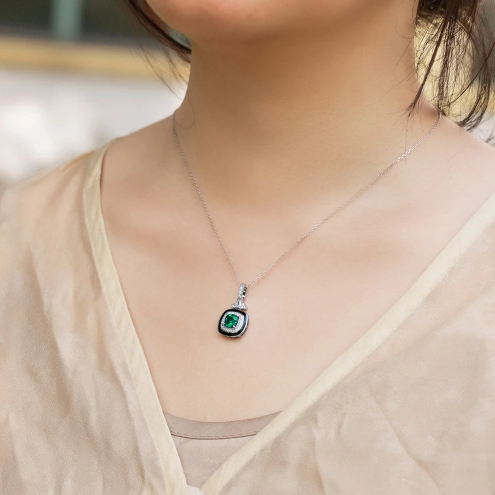 Wong Rain 925 Sterling Silver 6 MM Emerald High Carbon Diamond Gemstone Pendant Necklace Fine Jewelry Anniversary Gifts