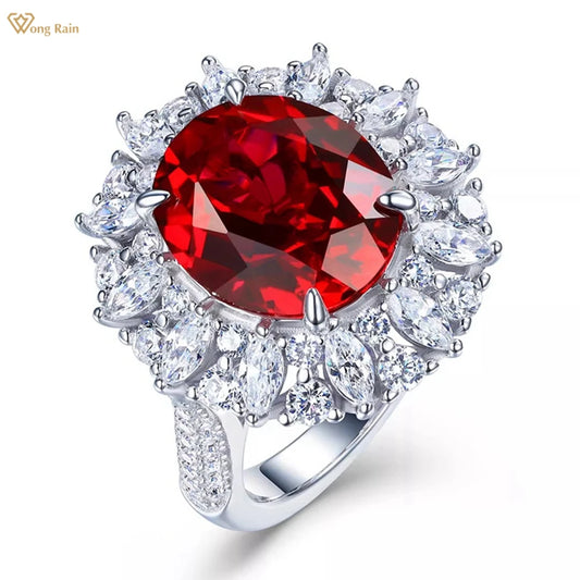 Wong Rain Classic 925 Sterling Silver Oval Cut 10*12MM Ruby Emerald Sapphire Gems Wedding Engagement Ring for Women Fine Jewelry