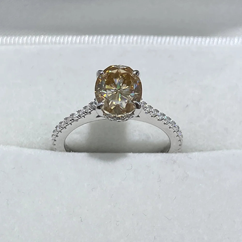 Serenity 2ct Oval Cut Champagne Moissanite Rings for Women Men 100% S925 Sterling Silver Plated 18K Lab Diamond Eternity Rings