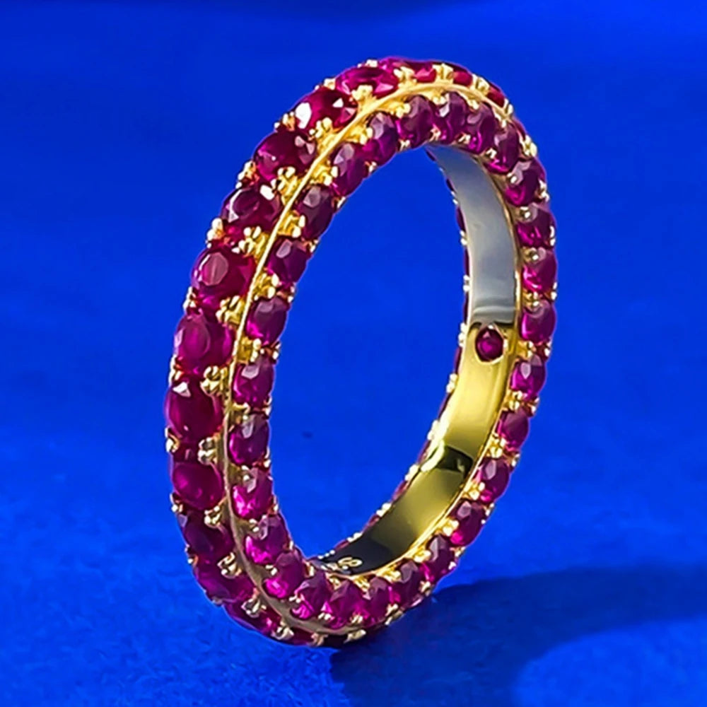 Wong Rain Vintage Solid 925 Sterling Silver Round Cut Ruby Gemstone Row Ring for Women Fine Jewelry Wedding Band Gifts Wholesale