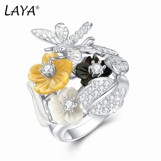 LAYA Ring For Women Black Yellow Shell Flower Shining White Zircon 100% 925 Sterling Silver  Finger Fashion Party Fine Jewelry