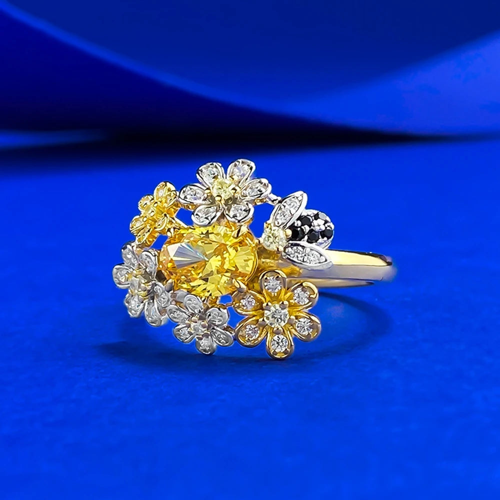 Wong Rain 925 Sterling Silver Oval Cut Citrine High Carbon Diamond Gems Flower Ring for Women Fine Jewelry Anniversary Gifts