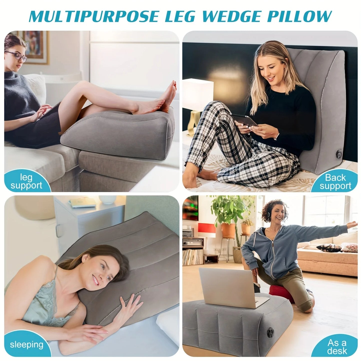 Plush inflatable leg and knee relief support cushion - gray linen wedge pillow