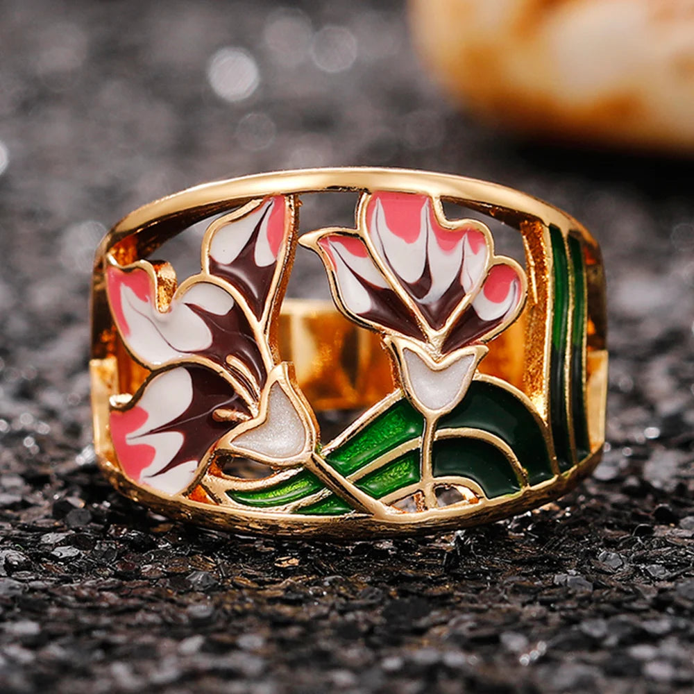 Huitan Aesthetic Enamel Flower Finger Ring for Women Wedding Party New 2023 Ring Silver Color Luxury Cubic Zirconia Jewelry Gift