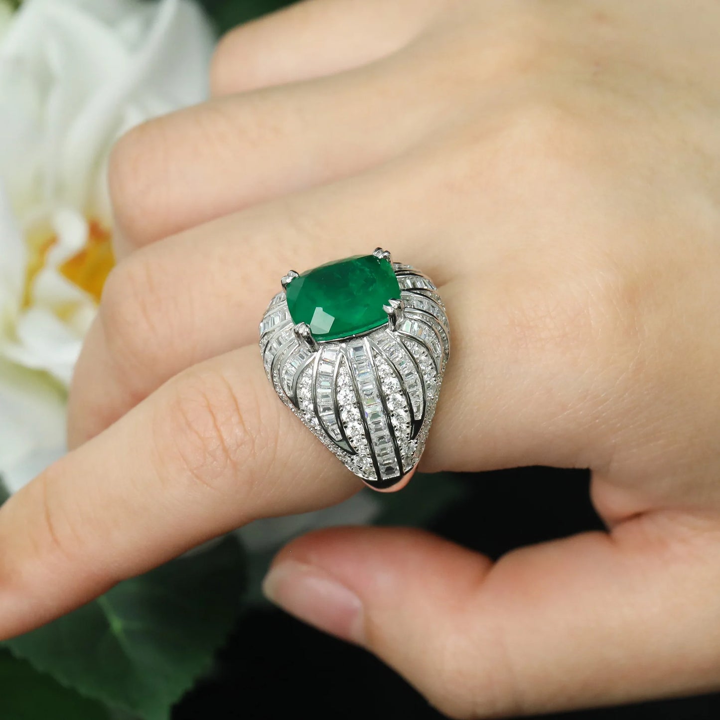 KQDANCE Luxury Solid 925 Silver with Cushion Cut 10*12mm Synthetic Green Emerald Gem Stone Rings For Women Fine Jewelry