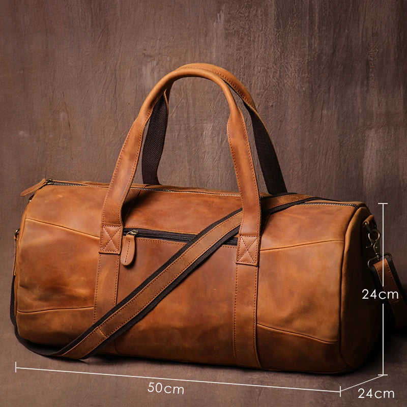 GURO Vintage Crazy Horse Cowhide Travel Bag Men's Real Leather Handbag Casual Weekend Camping Luggage Bag Daily Gym Shoulder Bag