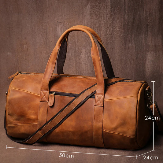 GURO Vintage Crazy Horse Cowhide Travel Bag Men's Real Leather Handbag Casual Weekend Camping Luggage Bag Daily Gym Shoulder Bag