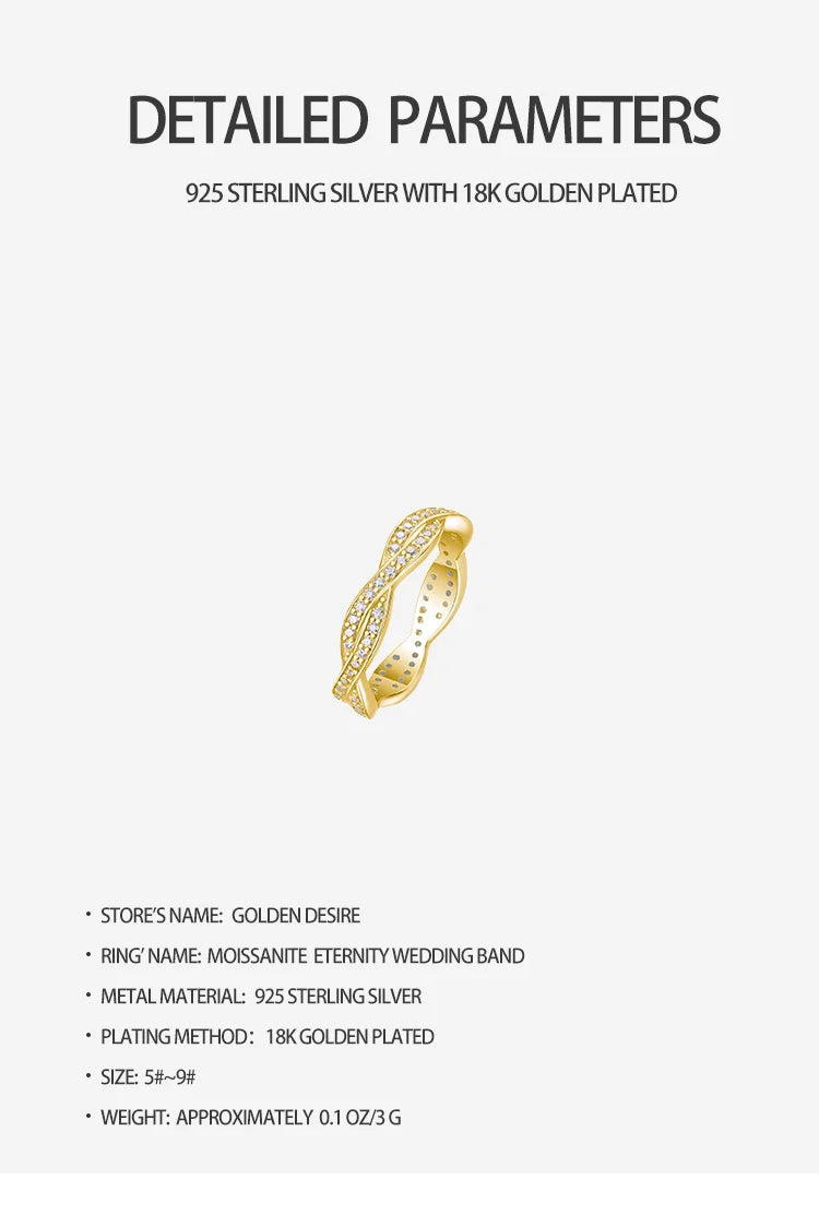 1.2mm D Color Moissanite Wavy Eternity Ring for Women, S925 Sterling Silver Gold-Plated, Hypoallergenic Design