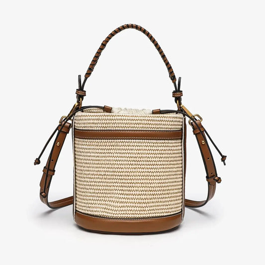 Fashion Straw Bucket Bag Weave Women Handbags Designer Panelled Shoulder Crossbody Bags Casual Summer Beach Small Tote Purses