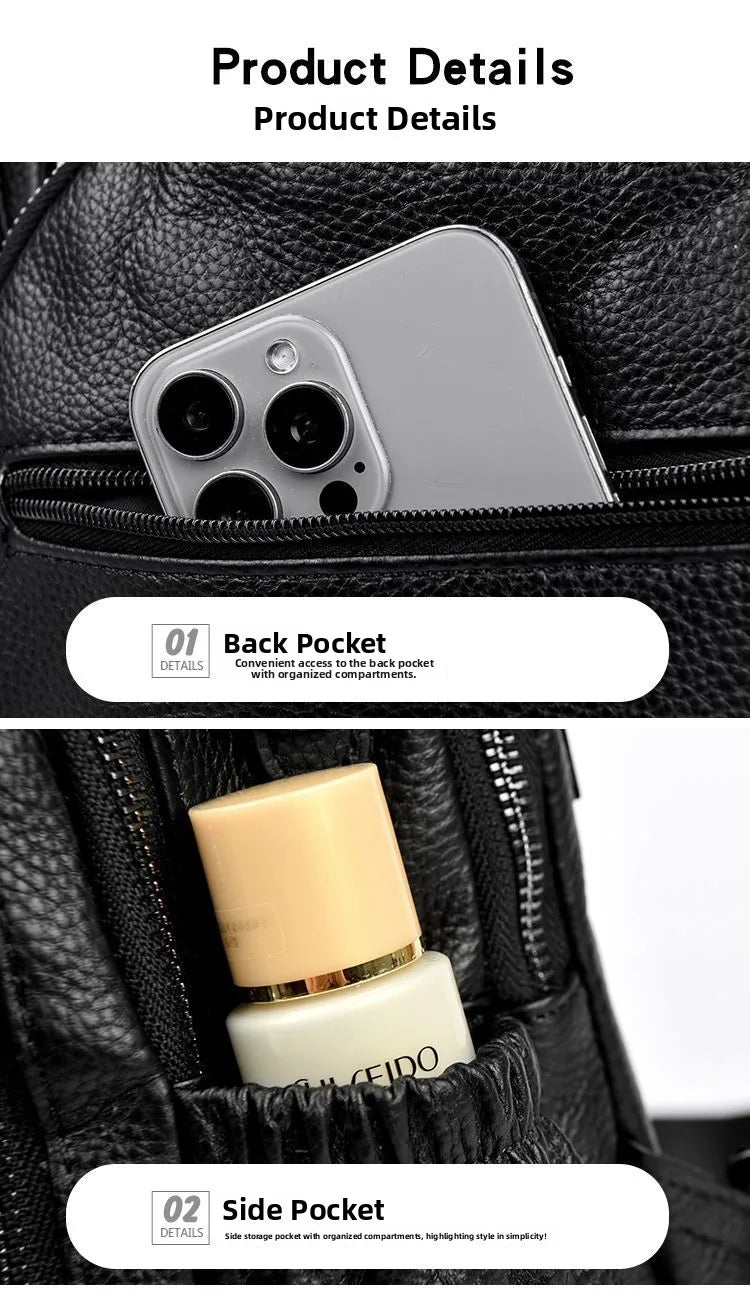 2026 New Fashionable Pure Color Leather Backpack Women's Cross-Border Travel Bag Durable Soft Cowhide Shoulder Bag for All Ages
