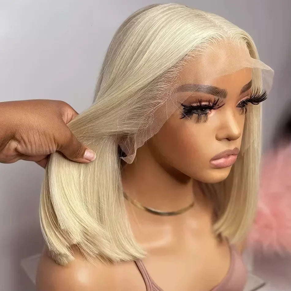 #613 Platinum Blonde Blunt Cut Bone Straight Bob Human Hair Wig 13x4 HD Swiss Transparent Lace Frontal Wig Bleached Knots Pre Plucked Natural Hairline Baby Hair