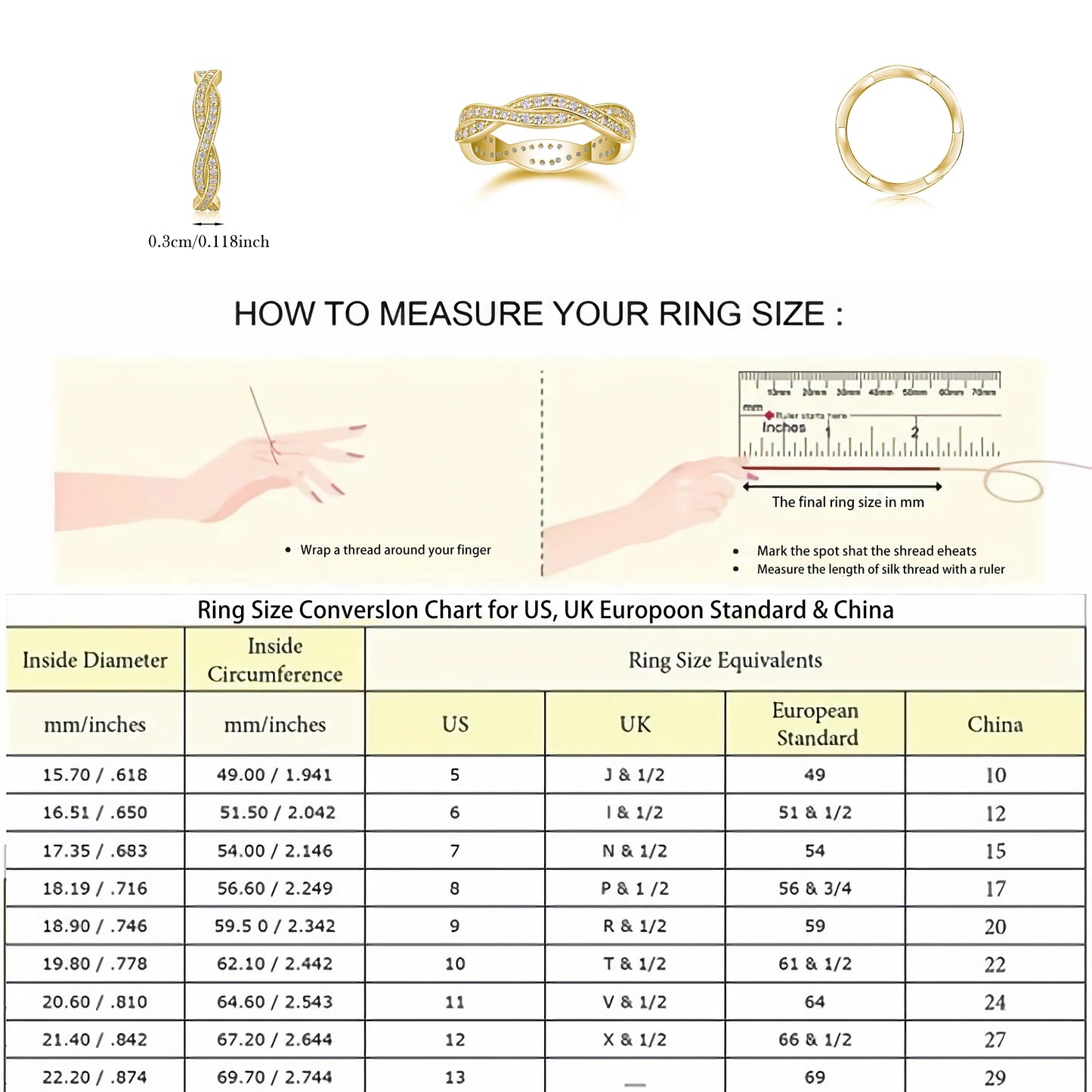 1.2mm D Color Moissanite Wavy Eternity Ring for Women, S925 Sterling Silver Gold-Plated, Hypoallergenic Design