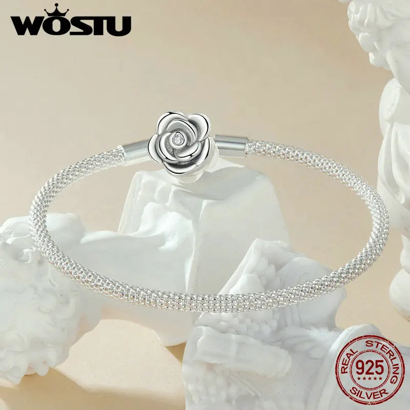 WOSTU 925 Sterling Silver Vintage Rose Flower Love Heart Bangle Bracelet Fit DIY Bracelets Women Valentine Mother's Day Gift
