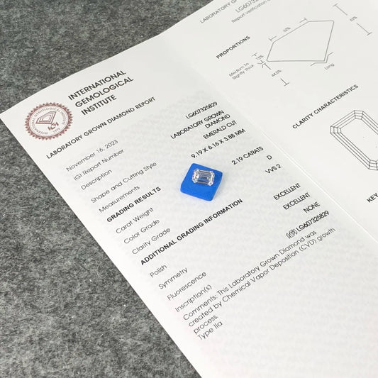 Diamante Lab Grown Taglio Smeraldo Ct 2.19 D VVS2 Certificato IGI