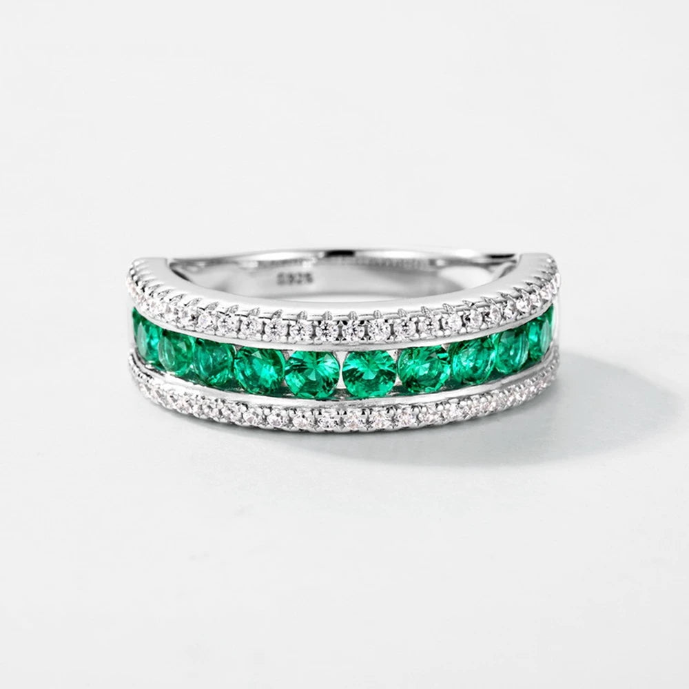 Wong Rain Vintage 925 Sterling Silver Round Cut 2.5 MM Emerald Gemstone Row Rings Fine Jewelry Wedding Band Anniversary Gifts