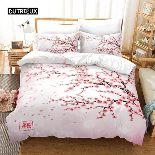 Duvet Cover Pink Sakura Plum Blossom Bamboo Bedding Set Fashion Art Duvet Cover Japanese Tokyo Style For Women Kids Room Decor