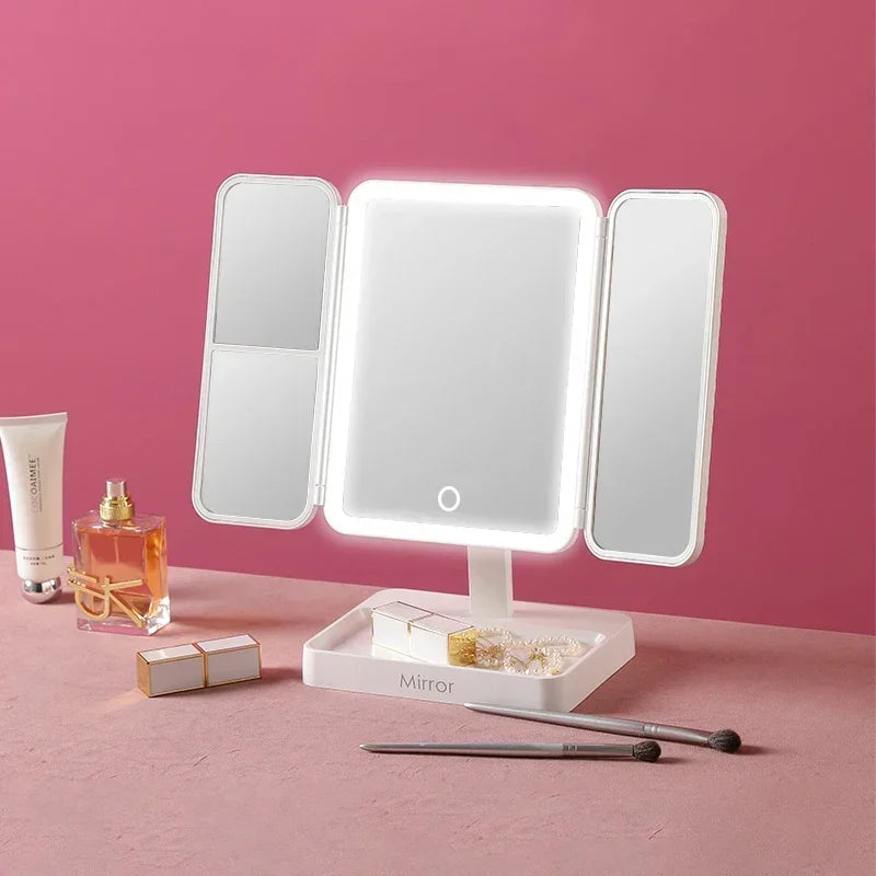 Tri-Fold Makeup Mirror with Led Light, Rotable Cute Desk Vanity Mirror 3 Tone with 2X/3X Magnifying Gift for Mom Wife Girlfriend