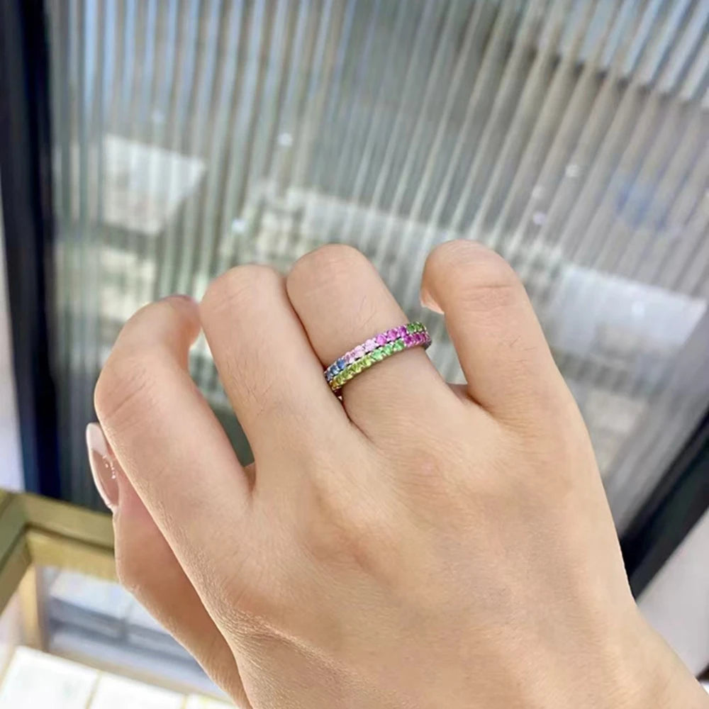 Wong Rain Solid 925 Sterling Silver Colorful  Lab Sapphire Gemstone Row Ring for Women Fine Jewelry Wedding Band Gifts Wholesale