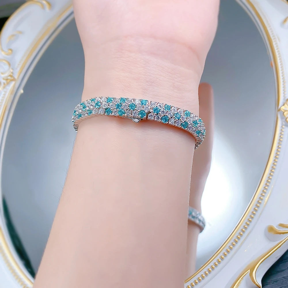 Wong Rain Luxury 925 Sterling Silver Paraiba Tourmaline High Carbon Diamond Gems Women Bracelets Bangle Fine Jewelry 15-18 CM