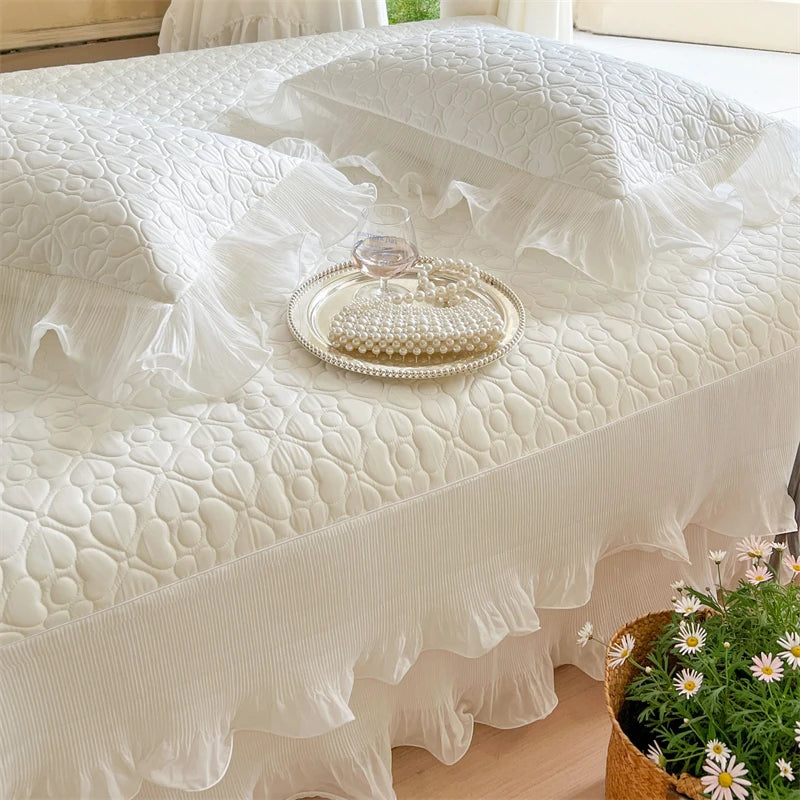Summer Lace Ruffles Quilted Cooling Bed Skirt, Cool Feeling Fibre Mattress Cover, Bedspread, Bed Sheet, With Pillowcases, 3Pcs