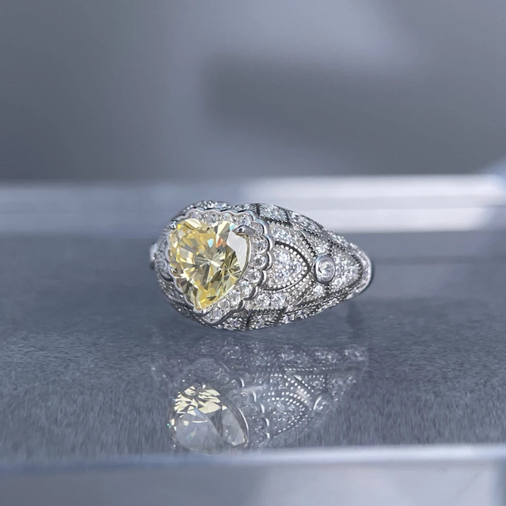 Wong Rain 925 Sterling Silver Heart Cut 8 MM Citrine Sapphire High Carbon Diamond Ring for Women Fine Jewelry Anniversary Gifts