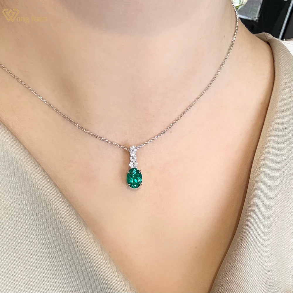 Wong Rain 925 Sterling Silver Oval Cut 7*9 MM Emerald Sapphire Paraiba Spinel High Carbon Diamond Pendant Necklace Fine Jewelry