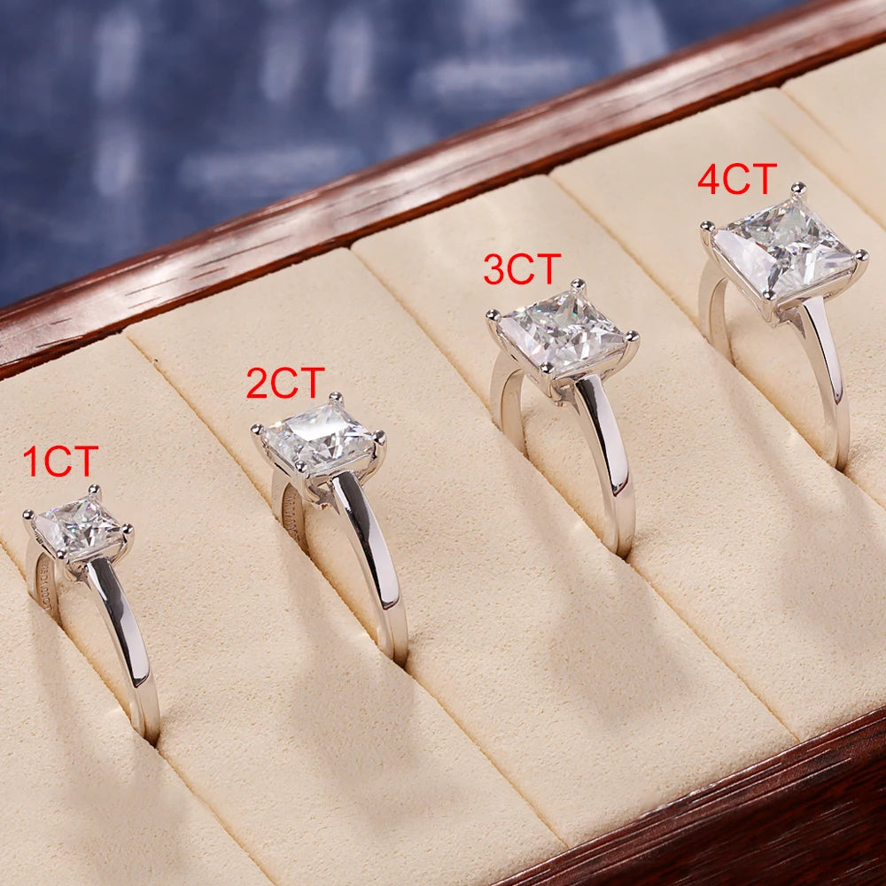 1/2/3/4 Carat Princess Cut Moissanite Engagement Ring with GRA Solitaire Diamond Wedding Promise Bands for Women Fine Jewelry