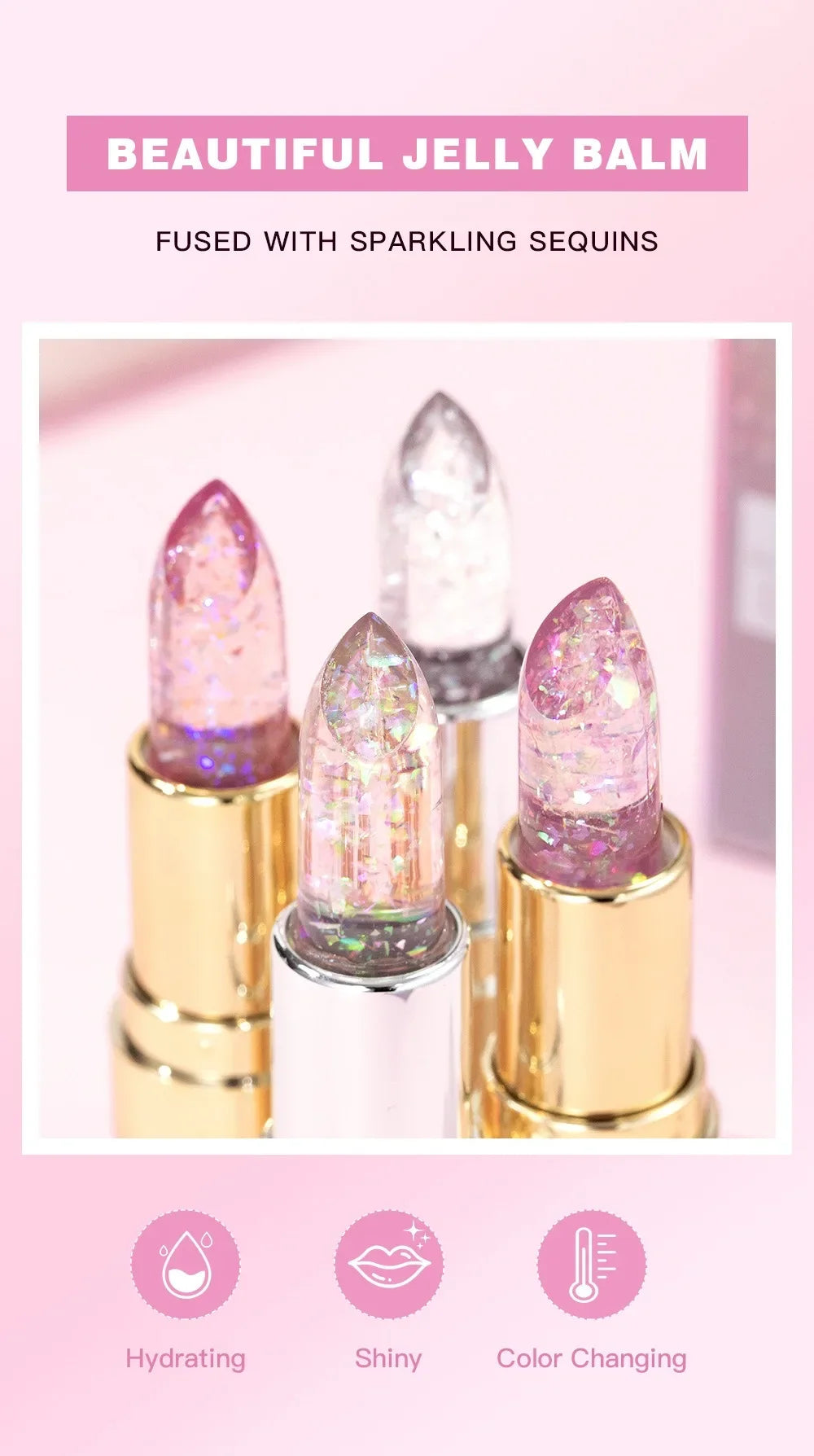 Soft Jelly Lipstick Color Changing Glossy Hydrating Moisturizing Glitter Lip Stick Sparkling Sequins Turning Red Shade Lip Balm