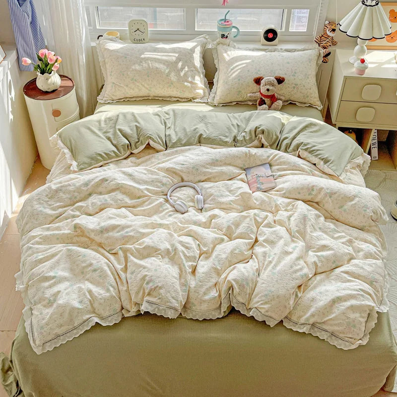 INS Princess Bedding Set 이불세트 2025 New Soft Wrinkled Double-layer Bed Flat Sheet Twin Queen Size Duvet Set Pillowcase Bed Linens