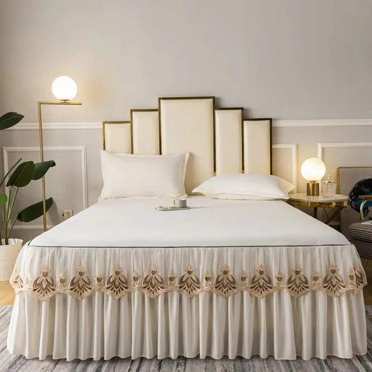 3pcs Set Raw Cotton Soft Bedspread Bed Romance Dust Protector Cover Embroidery Lace Edge Bed Skirt with 2pcs Pillowcase
