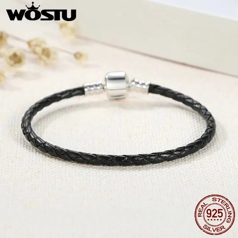 WOSTU New 100% 925 Sterling Silver & Real Black Leather Chain Charm Fit  Bracelet For Women Men Original Fine Jewelry XCHS911