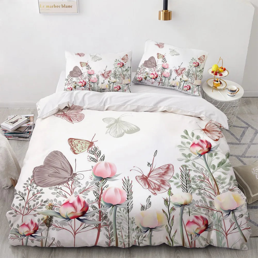 Flower Bird King Queen Duvet Cover Colorful Tropical Floral Bedding Set For Women Watercolor Plant 2/3pcs Polyester Quilt Cover