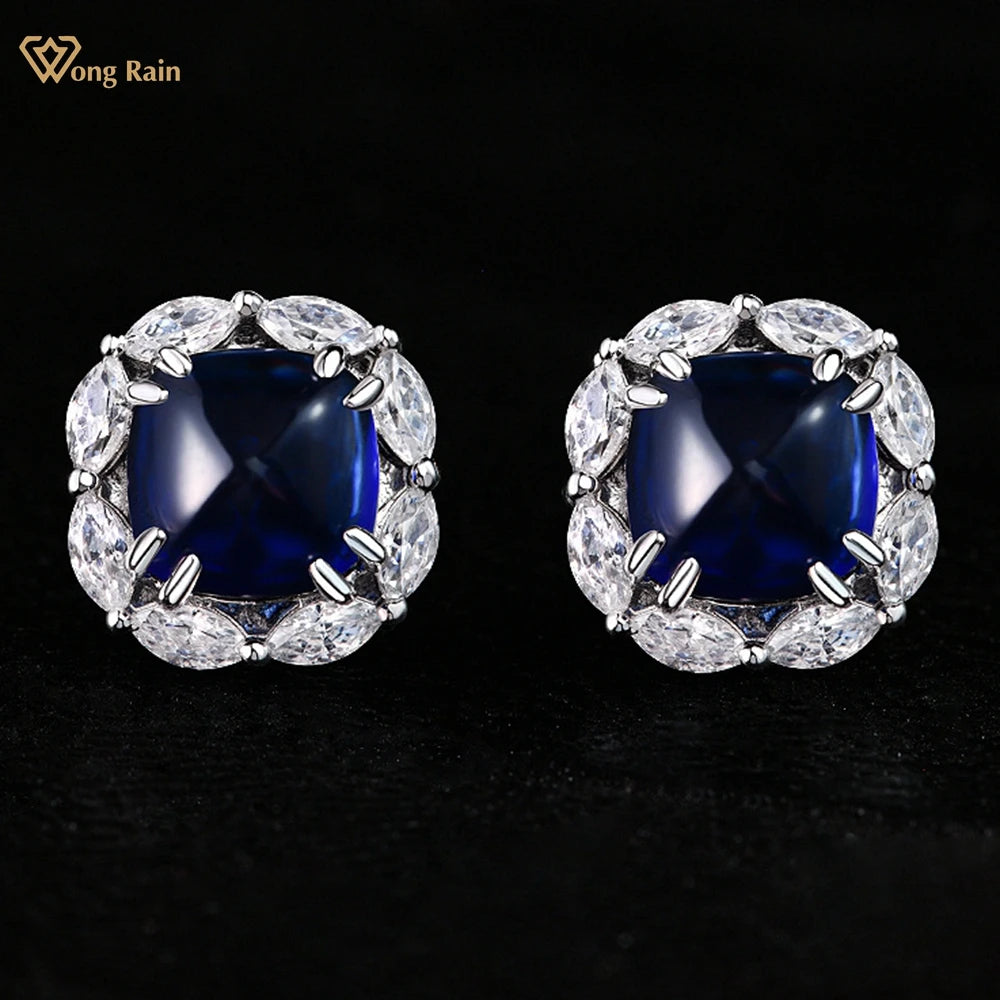 Wong Rain Vintage 100% 925 Sterling Silver Sugar-loaf Cut Sapphire High Carbon Diamond Gems Vintage Earrings Ear Studs Jewelry