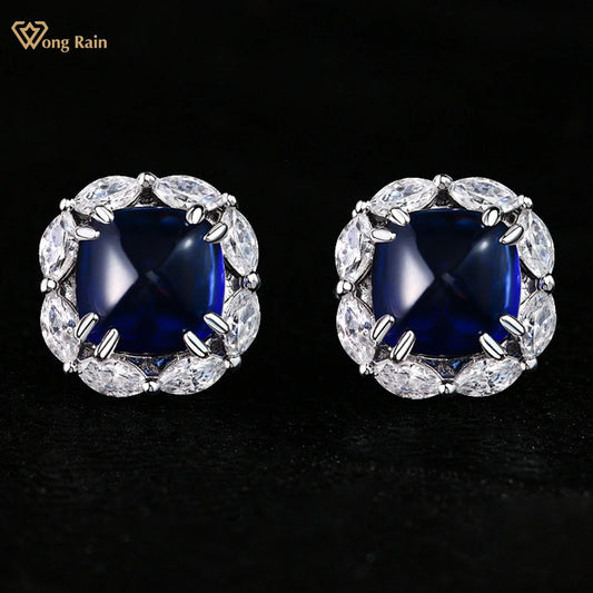 Wong Rain Vintage 100% 925 Sterling Silver Sugar-loaf Cut Sapphire High Carbon Diamond Gems Vintage Earrings Ear Studs Jewelry