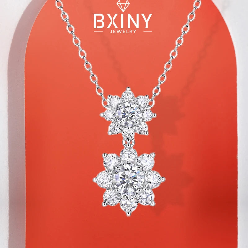 BXINY Full Moissanite Double Sun Flower Pendant Necklace S925 Silver GRA Certified Lab Diamond for Women Party Fine Jewelry Gift