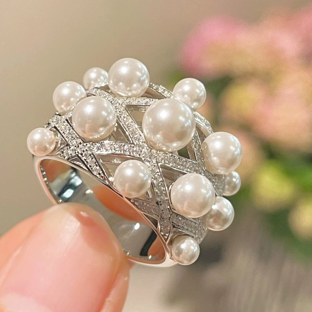 Wong Rain Sparkling 925 Sterling Silver Full Pearl High Carbon Diamond Gemstone Wedding Engagement Ring for Women Fine Jewelry