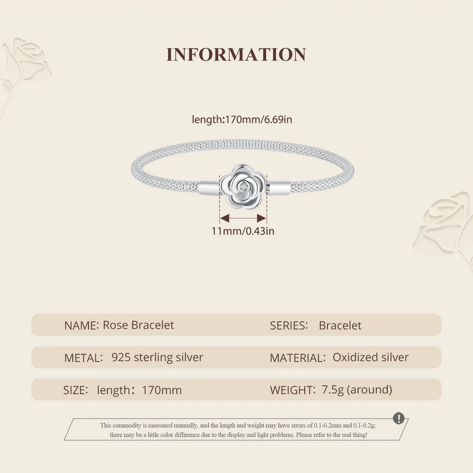 WOSTU 925 Sterling Silver Vintage Rose Flower Love Heart Bangle Bracelet Fit DIY Bracelets Women Valentine Mother's Day Gift