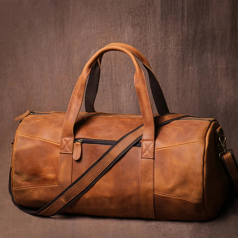 GURO Vintage Crazy Horse Cowhide Travel Bag Men's Real Leather Handbag Casual Weekend Camping Luggage Bag Daily Gym Shoulder Bag