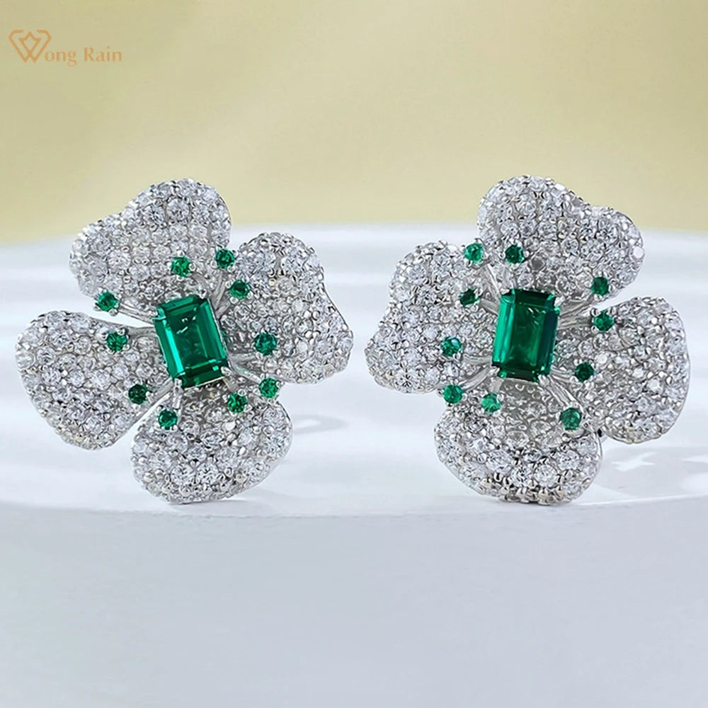 Wong Rain 100% 925 Sterling Silver Sparkling 4*6 MM Emerald High Carbon Diamond Gemstone Flower Ear Studs Earrings Fine Jewelry