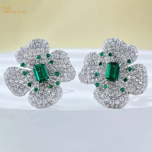 Wong Rain 100% 925 Sterling Silver Sparkling 4*6 MM Emerald High Carbon Diamond Gemstone Flower Ear Studs Earrings Fine Jewelry