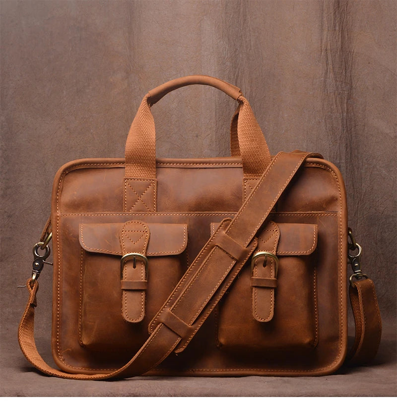 GURO Vintage Wild Handbag Male Genuine Leather Business Briefcase Original Cowhide Shoulder Messenger Bag A4 File 14″ Laptop Bag