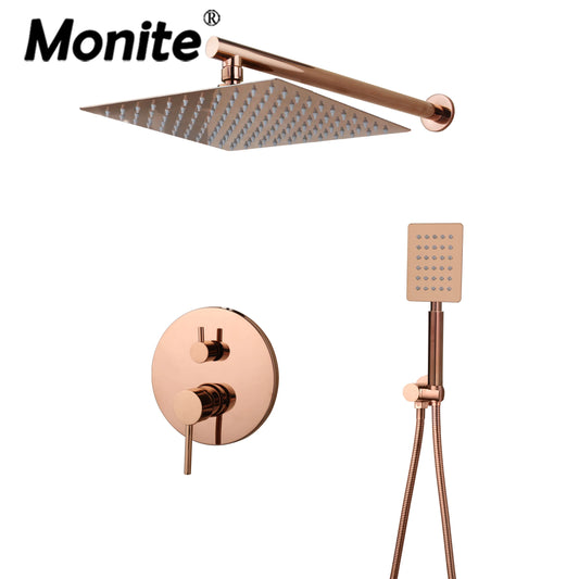 Monite Rose Golden Shower Faucet Rainfall Square Head Pink Gold Bathroom Bathtub Shower Set Faucet w/Hand Shower & Bathtub Mixer
