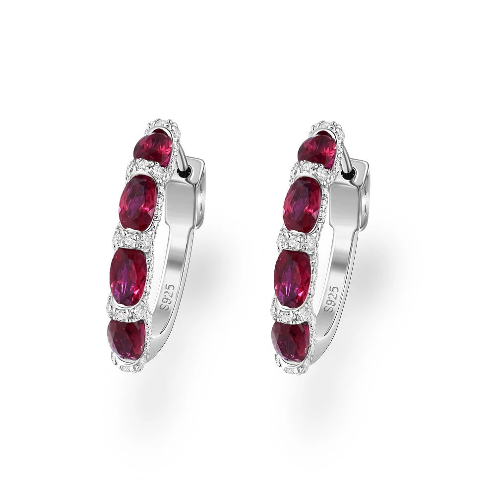 Wong Rain Luxury 925 Sterling Silver Oval Emerald Ruby Pink Sapphire Gemstone Hoop Earrings Wedding Engagement Fine Jewelry Gift